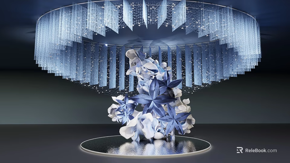 Illuminated Modern Art Installation With Circular Hanging Blue Transparent Elements And White Floral Sculpture 3d model 