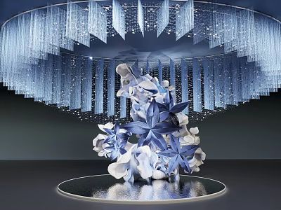 Illuminated Modern Art Installation With Circular Hanging Blue Transparent Elements And White Floral Sculpture 3d model