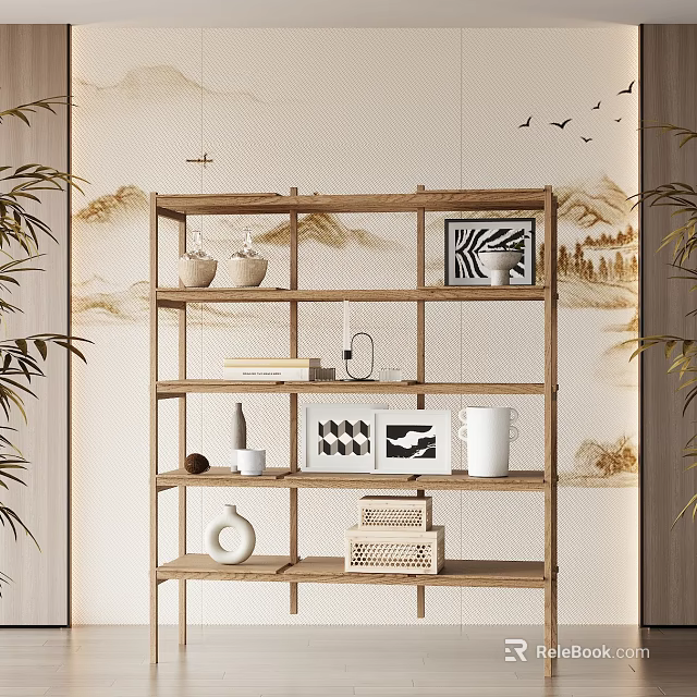 Wooden Shelving Unit Displaying Vases Photo Frames Mugs and Books in Natural Home Decor 3d model 