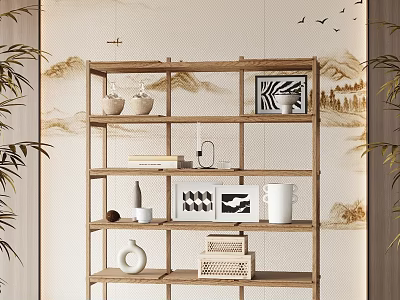 Wooden Shelving Unit Displaying Vases Photo Frames Mugs and Books in Natural Home Decor 3d model