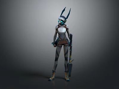 Futuristic Cyberpunk Game Movie Character With Mechanical Rabbit Ears Glowing Eyes And Weapon 3d model