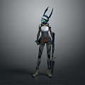 Futuristic Cyberpunk Game Movie Character With Mechanical Rabbit Ears Glowing Eyes And Weapon