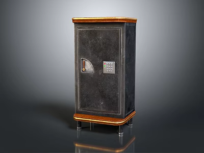 Vintage Safe Cabinet With Black Leather Like Surface Wooden Trim Metal Legs And Combination Lock 3d model