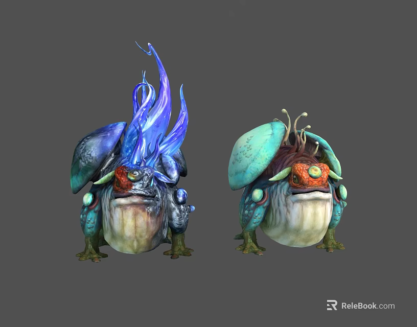 Fantasy Toad Like Creatures With Blue Flame And Green Plant Appendages Design 3d model 