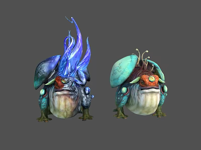 Fantasy Toad Like Creatures With Blue Flame And Green Plant Appendages Design 3d model