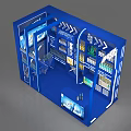 Blue Exhibition Booth Design With Display Shelves Digital Screens And Products