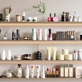 Assorted Perfumes and Cosmetics Shelf Display With Various Bottles Jars and Makeup Items