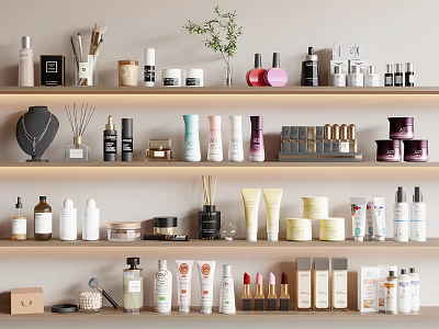 Assorted Perfumes and Cosmetics Shelf Display With Various Bottles Jars and Makeup Items 3d model
