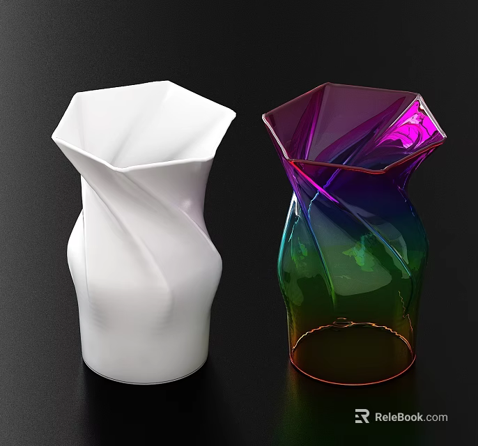 Modern Flower Vases With White Matte And Colorful Glossy Twisted Geometric Design 3d model 