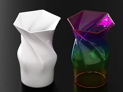 Modern Flower Vases With White Matte And Colorful Glossy Twisted Geometric Design 3d model