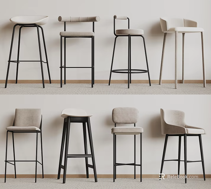 Modern Bar Stools With Upholstered Seats And Metal Frames In Various Styles 3d model 