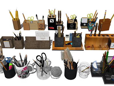 Office Desk Organizers With Pencils Scissors Pens And Storage Holders 3d model