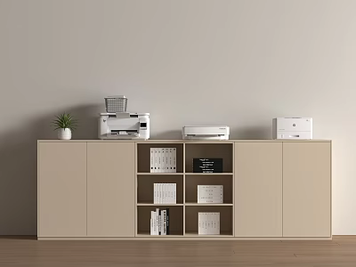 Beige Office File Cabinet With Open Shelves Holding Documents Books Printer And Small Plant 3d model