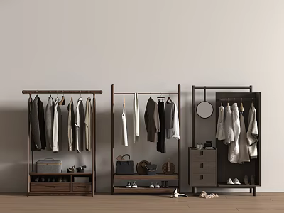 Wooden Clothing Racks with Hanging Clothes Bags Shoes Small Cabinet and Round Mirror 3d model
