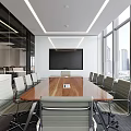 Modern Conference Room Interior With Long Wooden Table Chairs Large Screen And City View Windows