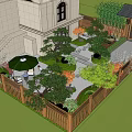 Traditional Garden Landscape Design with Pine Trees Stone Path Wooden Fence and Outdoor Seating