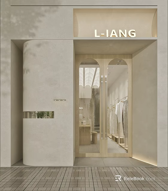 Minimalist Modern Storefront With Light Colored Walls Arched Glass Doors And L-TANG Signboard 3d model 