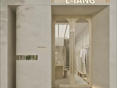 Minimalist Modern Storefront With Light Colored Walls Arched Glass Doors And L-TANG Signboard 3d model