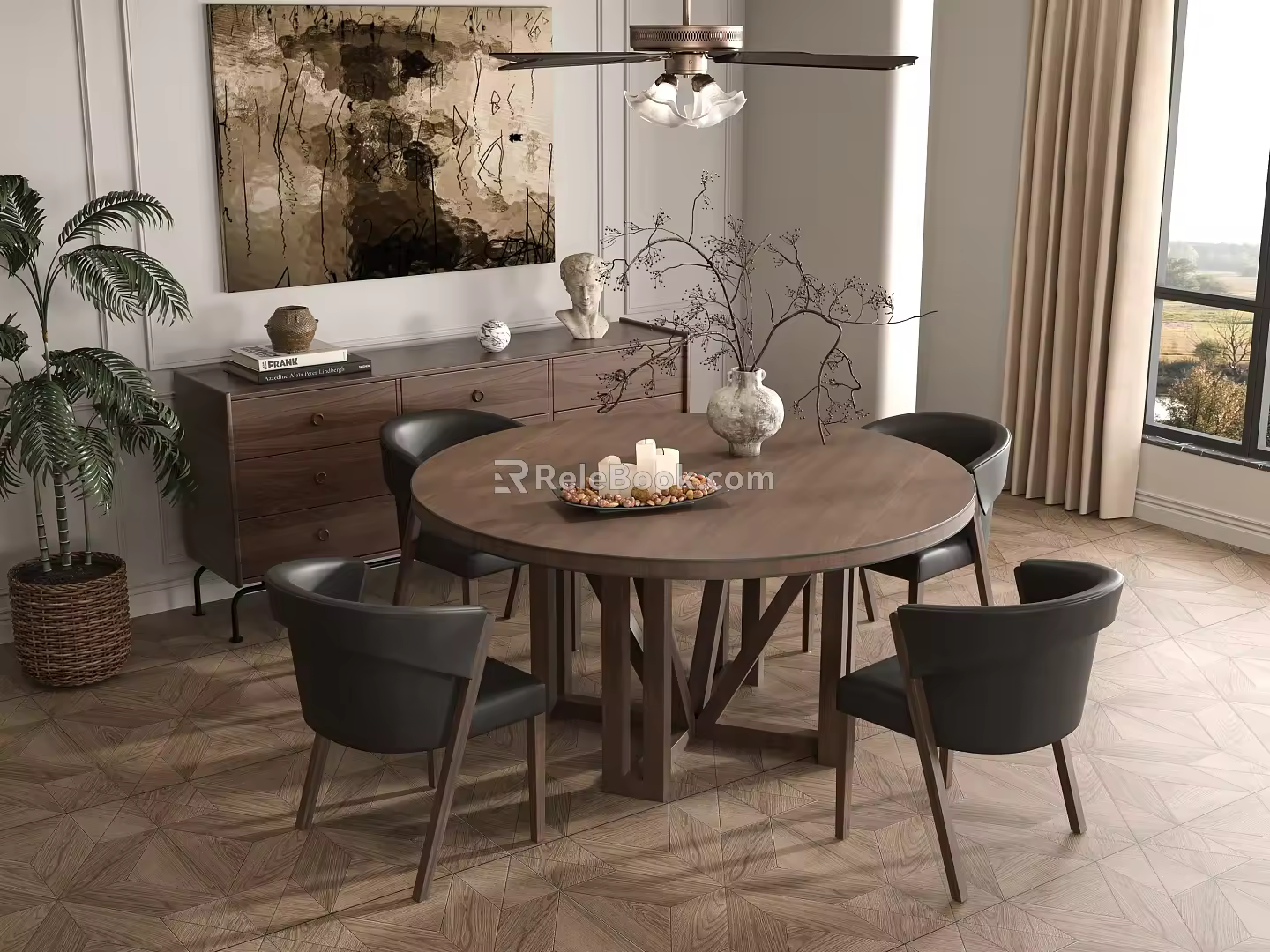 Dining Table and Chair Combination Restaurant Sideboard Chandelier 3d model