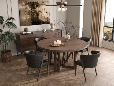Dining Table and Chair Combination Restaurant Sideboard Chandelier 3d model