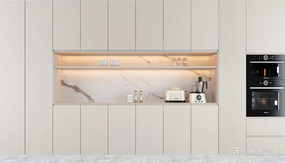 Modern Light Colored Sideboard With Cabinets Open Shelves LED Lighting And Marble Backsplash 3d model 