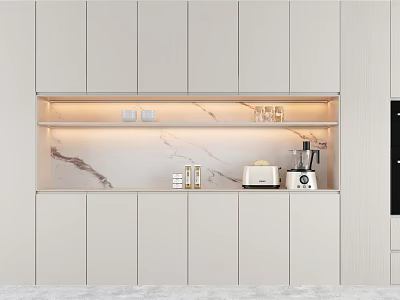 Modern Light Colored Sideboard With Cabinets Open Shelves LED Lighting And Marble Backsplash 3d model