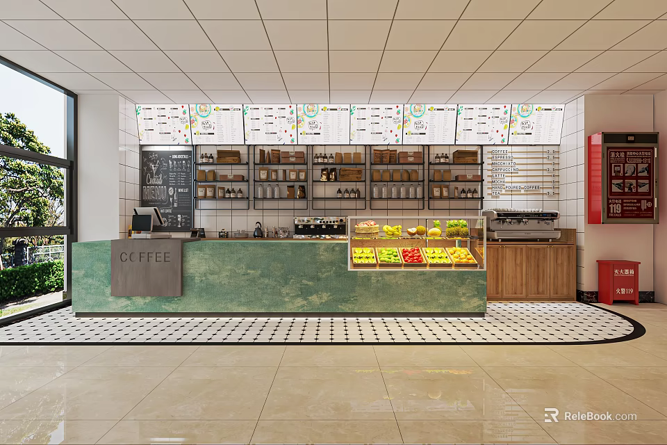 Modern Café Interior With Green Counter Fruit Display Shelves And Checkered Tiles 3d model 