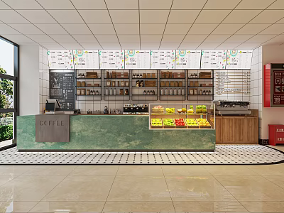 Modern Café Interior With Green Counter Fruit Display Shelves And Checkered Tiles 3d model