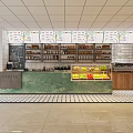 Modern Café Interior With Green Counter Fruit Display Shelves And Checkered Tiles
