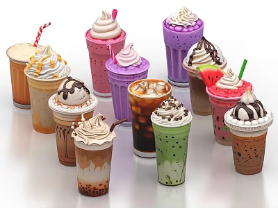 Colorful Assorted Drinks With Creamy Toppings Colorful Straws And Decorative Designs 3d model