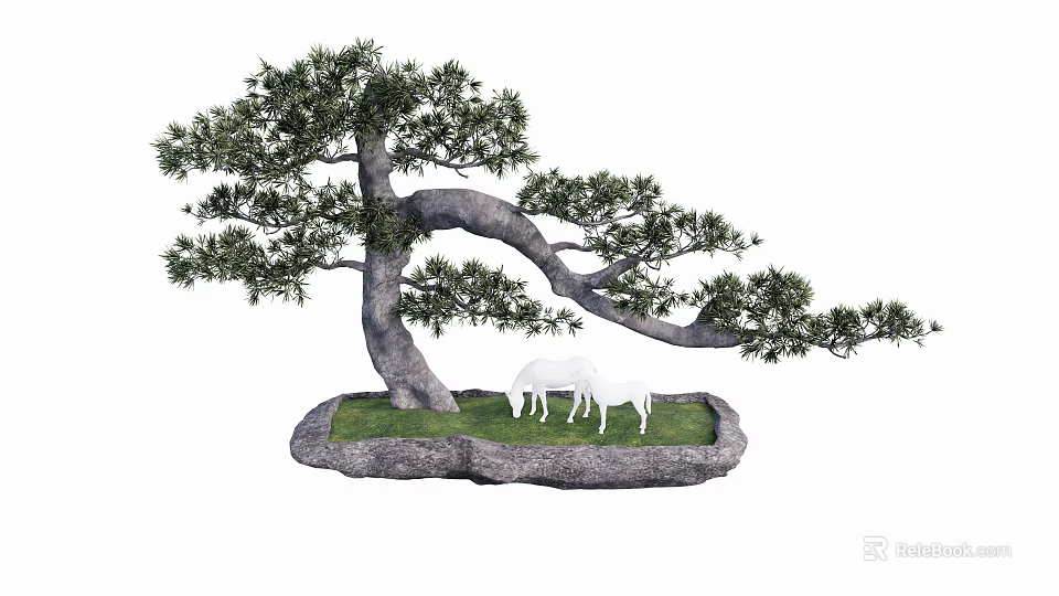 Bonsai Tree with Curved Trunk Lush Foliage on Stone Base Green Grass and White Deer 3d model 