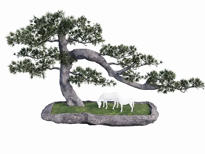 Bonsai Tree with Curved Trunk Lush Foliage on Stone Base Green Grass and White Deer 3d model