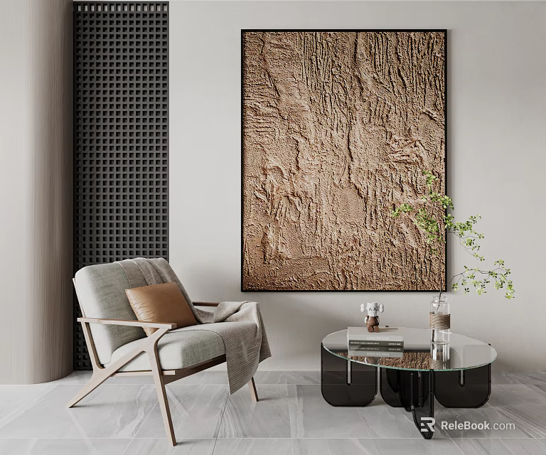 Modern Interior With Armchair Textured Art Glass Table And Plant 3d model 