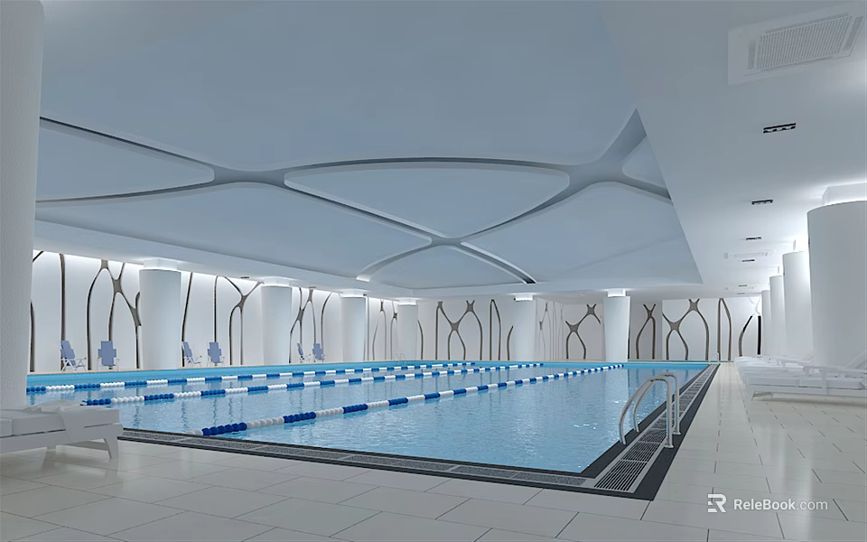 Indoor Swimming Pool With Blue Water White Blue Lane Lines White Columns And Geometric Ceiling 3d model 