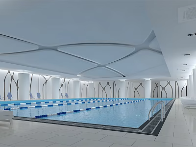 Indoor Swimming Pool With Blue Water White Blue Lane Lines White Columns And Geometric Ceiling 3d model