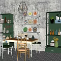 Dining Table Set With Chairs Green Storage Cabinets And Hanging Decorative Plates 3d model