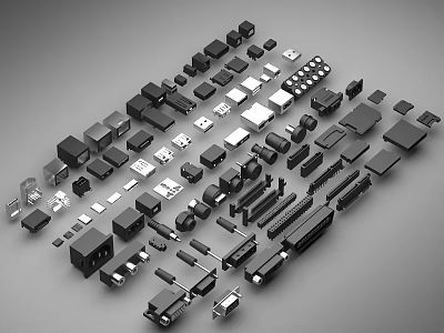 Various Computer Components Including Different PC Parts Arranged On Gray Background 3d model