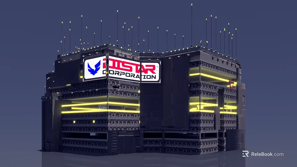 Future Architecture FUSTAR Corporation Modern Design With Antenna Towers And Yellow Lighting 3d model 