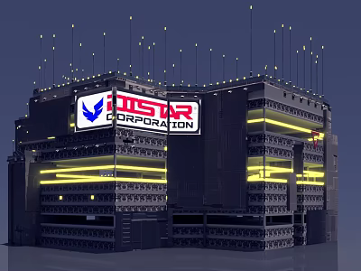 Future Architecture FUSTAR Corporation Modern Design With Antenna Towers And Yellow Lighting 3d model