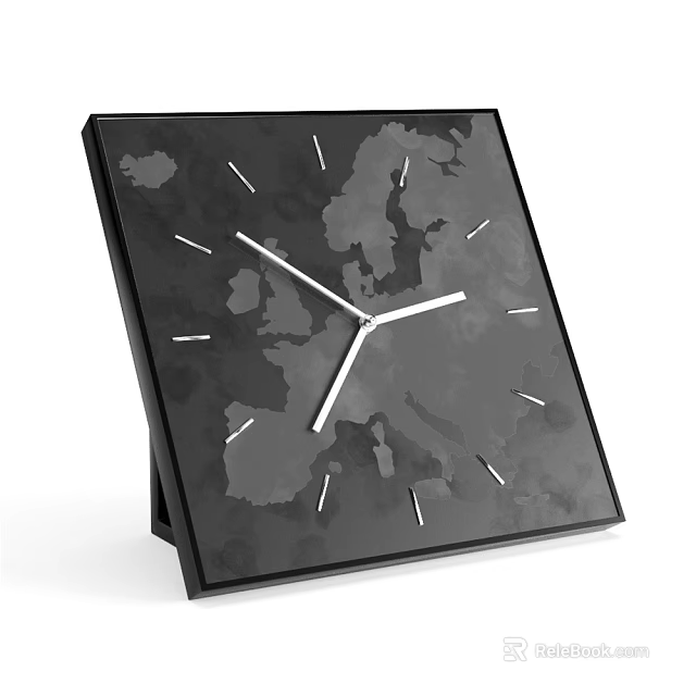 Modern Square Clock With Black Dial Grey Map Pattern And White Hands 3d model