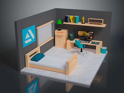 Modern Simple Bedroom Interior With Bed Desk Bookshelf Chair Lamp Blue Poster And Marble Floor 3d model