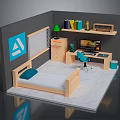 Modern Simple Bedroom Interior With Bed Desk Bookshelf Chair Lamp Blue Poster And Marble Floor