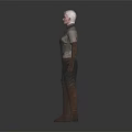 Gray Haired Woman In Metallic Armor Standing Against Gray Background With Futuristic Details