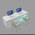 Modern White Office Desk Setup With Two Computer Monitors And Green Rolling Chairs