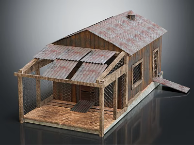 Weathered Wooden Shed With Rustic Roof Metal Sheets And Wire Fence Porch 3d model