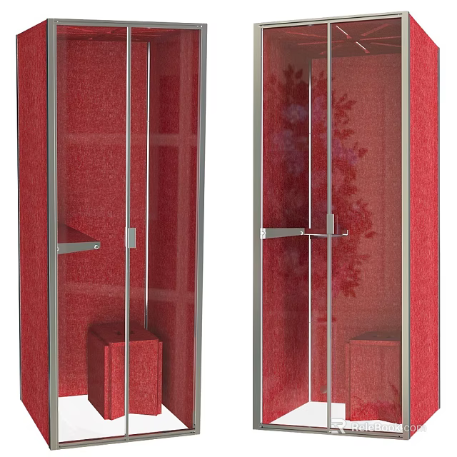 Public Facility With Red Exterior Glass Doors And Metal Frame Interior Shelves 3d model 