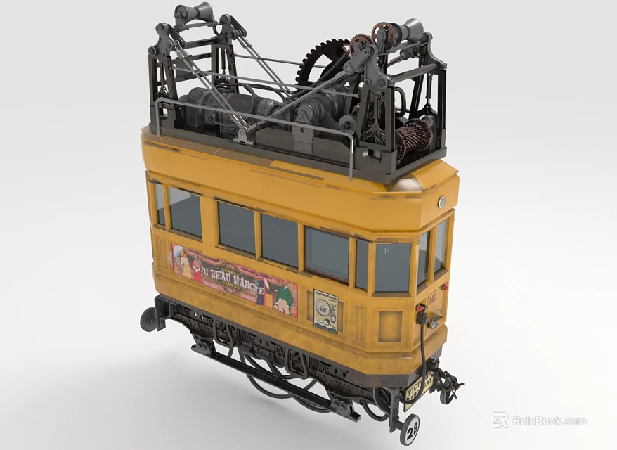 Vintage Yellow Tram With Mechanical Structure On Top Windows And Posters 3d model 