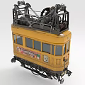 Vintage Yellow Tram With Mechanical Structure On Top Windows And Posters