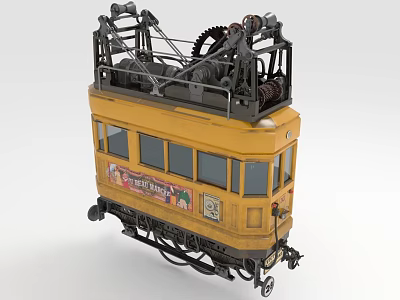 Vintage Yellow Tram With Mechanical Structure On Top Windows And Posters 3d model