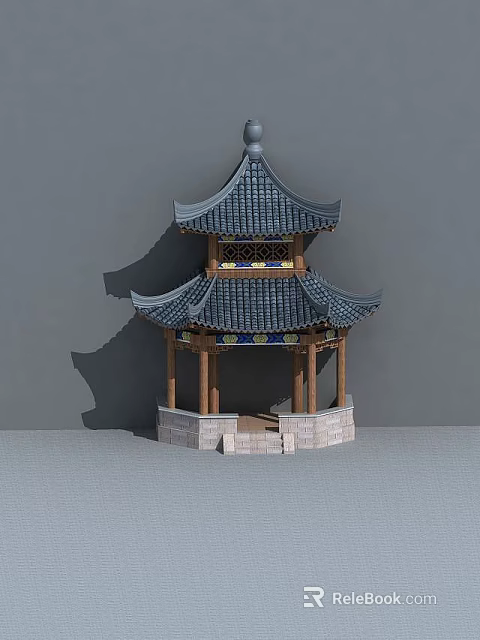 Tech Exhibition Hall Featuring Traditional Chinese Two Story Pavilion Black Tiled Roof Wooden Structure Stone Base 3d model 